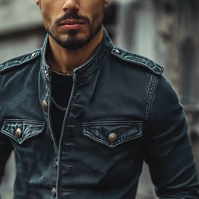 Men's Vintage Stand Collar Denim Jacket 75697045X