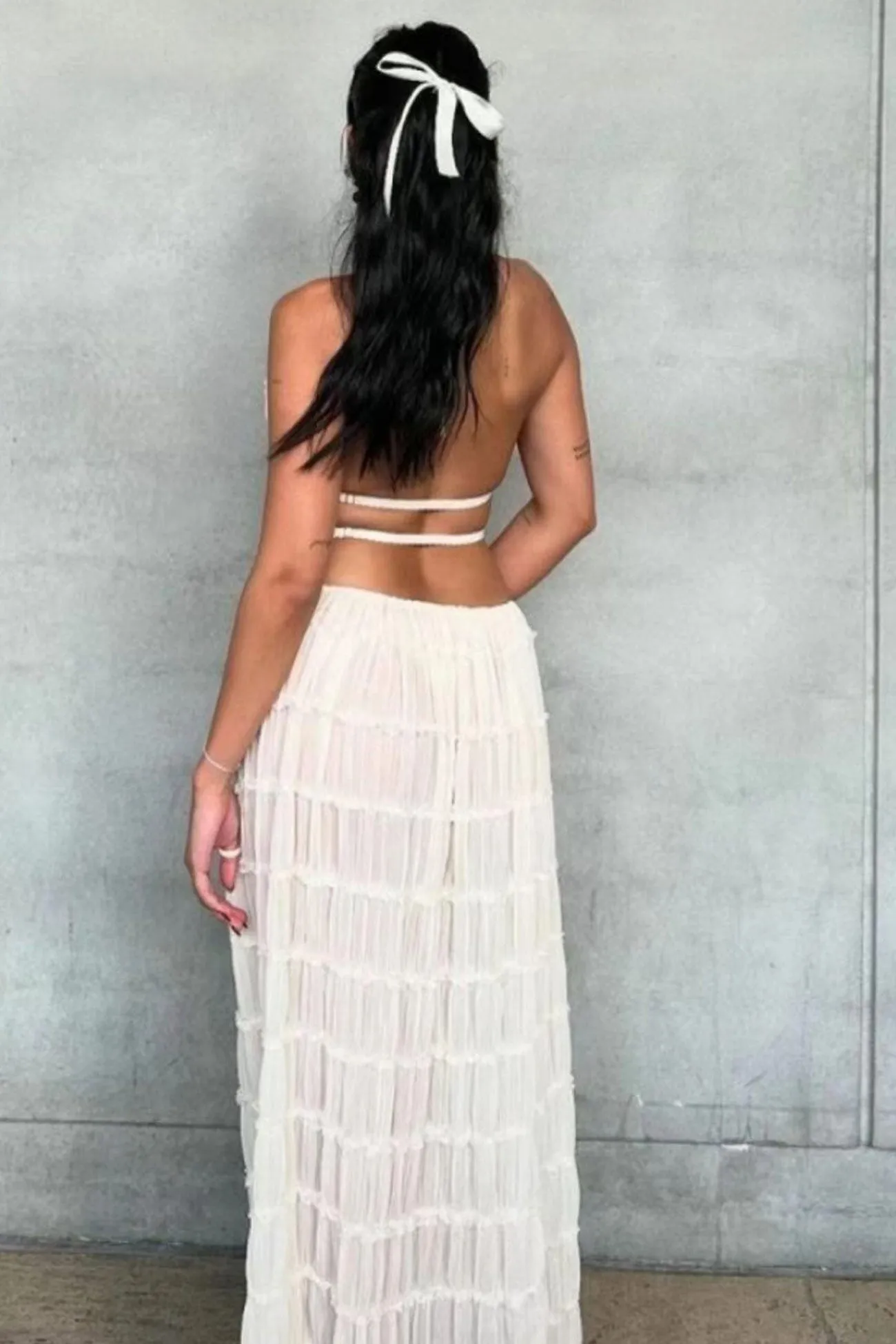 Mesh Lace Halter Vest Tiered Skirt Suits