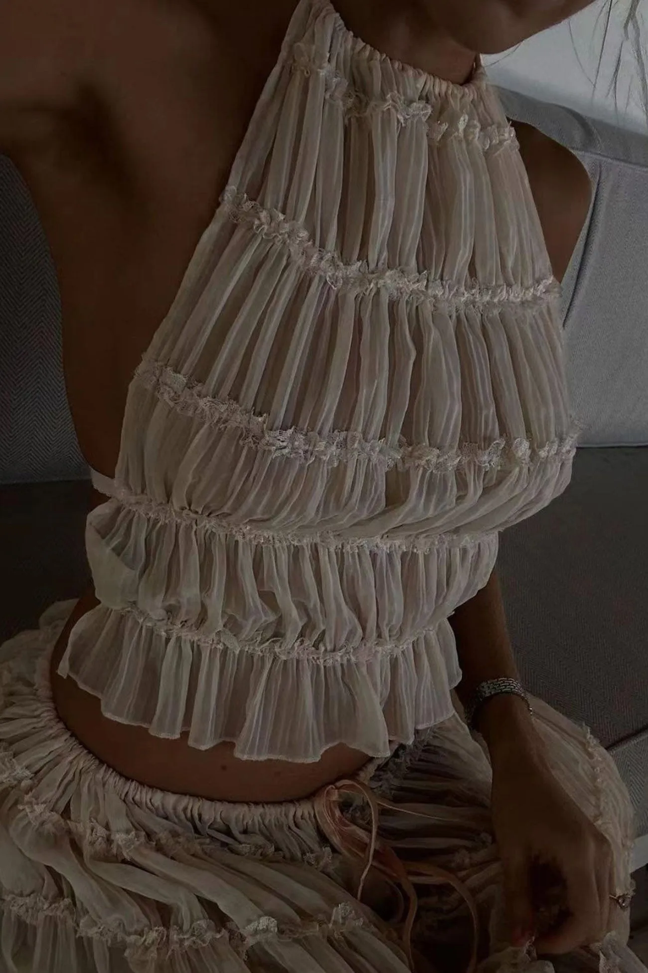 Mesh Lace Halter Vest Tiered Skirt Suits