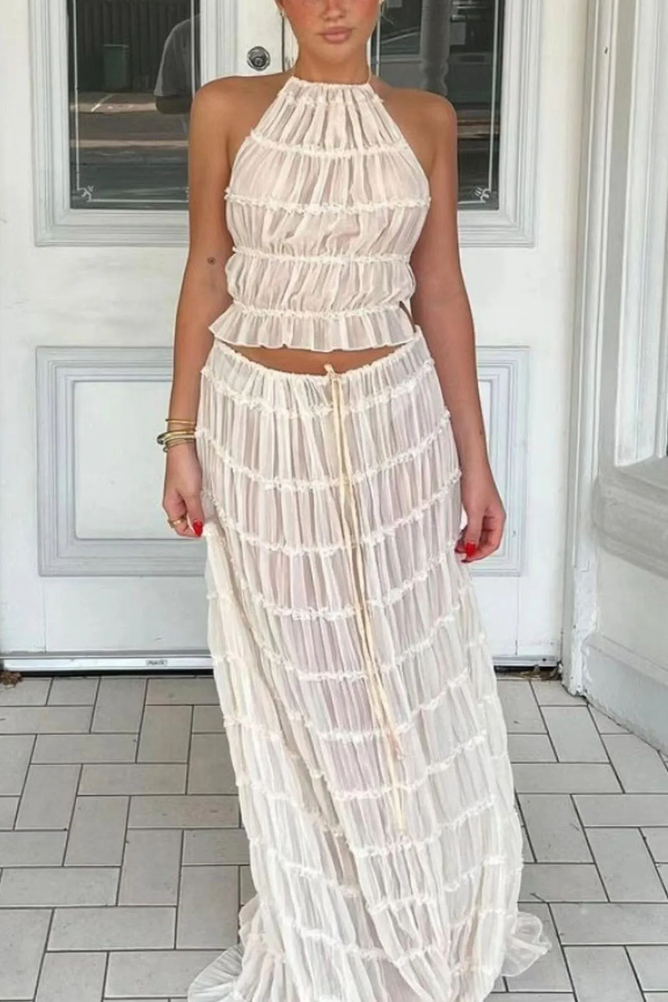 Mesh Lace Halter Vest Tiered Skirt Suits
