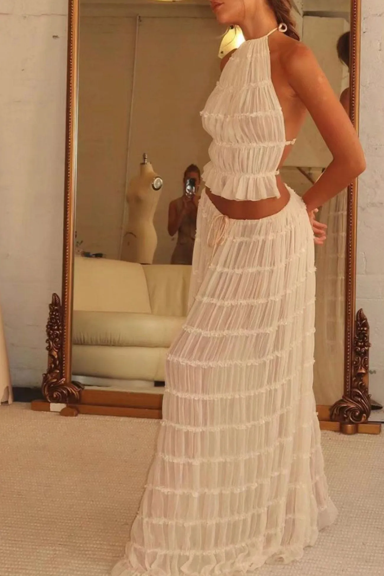 Mesh Lace Halter Vest Tiered Skirt Suits