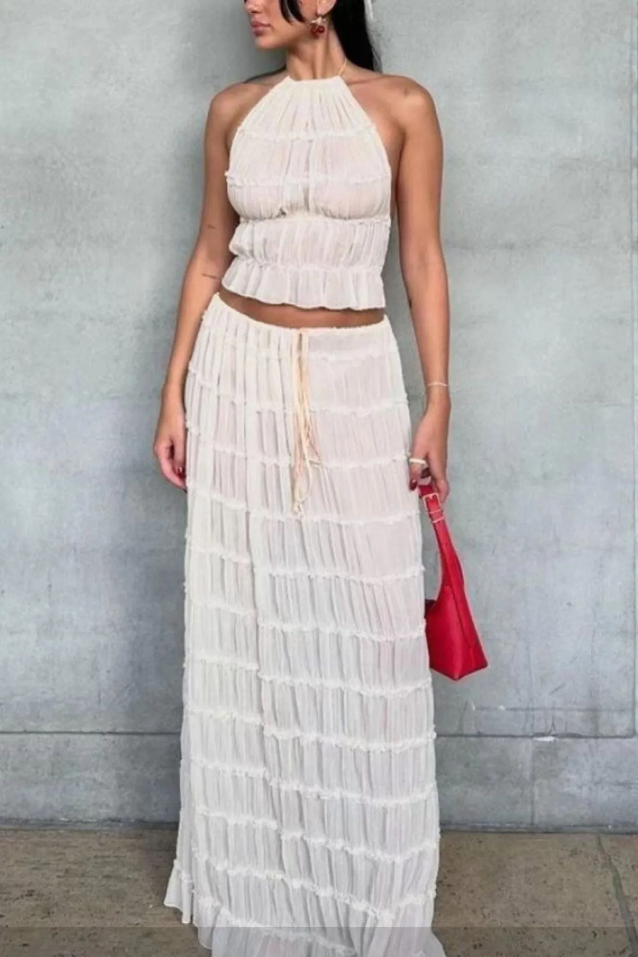 Mesh Lace Halter Vest Tiered Skirt Suits