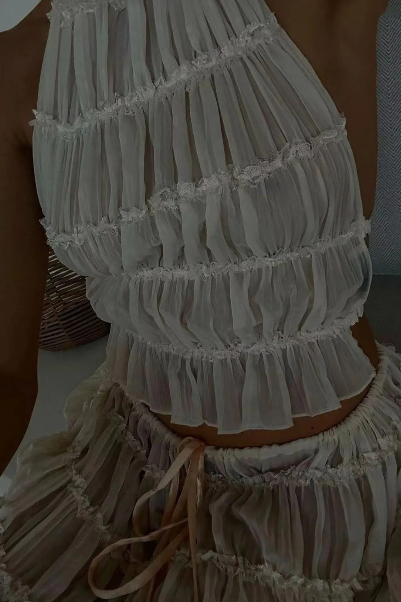 Mesh Lace Halter Vest Tiered Skirt Suits