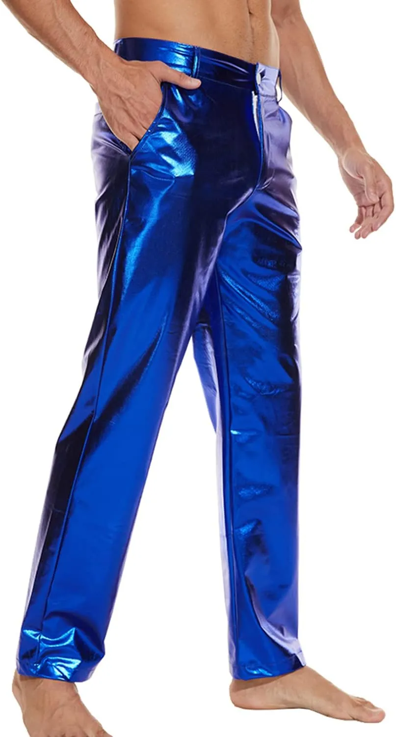 Metallic Shiny Disco Pants for Men, 70s/80s Party Rave Pants, Vintage Cosplay Straight Leg Trousers