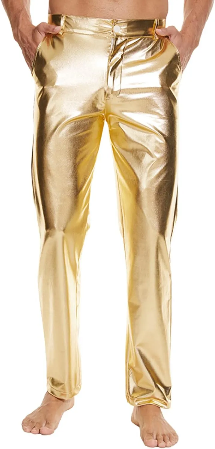 Metallic Shiny Disco Pants for Men, 70s/80s Party Rave Pants, Vintage Cosplay Straight Leg Trousers