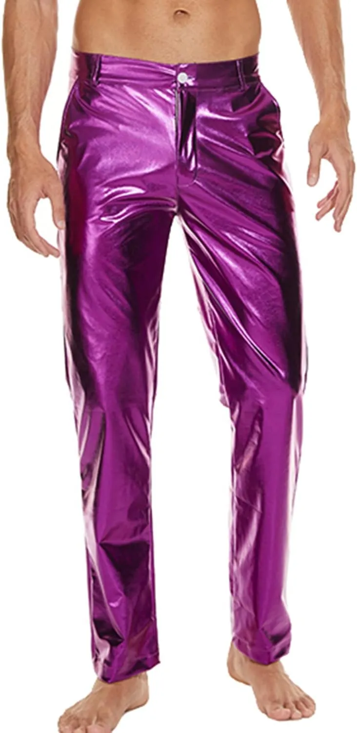 Metallic Shiny Disco Pants for Men, 70s/80s Party Rave Pants, Vintage Cosplay Straight Leg Trousers