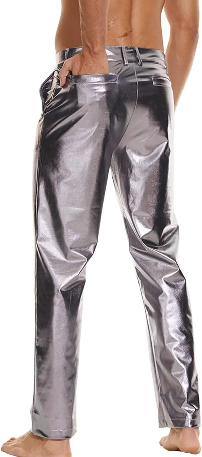 Metallic Shiny Disco Pants for Men, 70s/80s Party Rave Pants, Vintage Cosplay Straight Leg Trousers