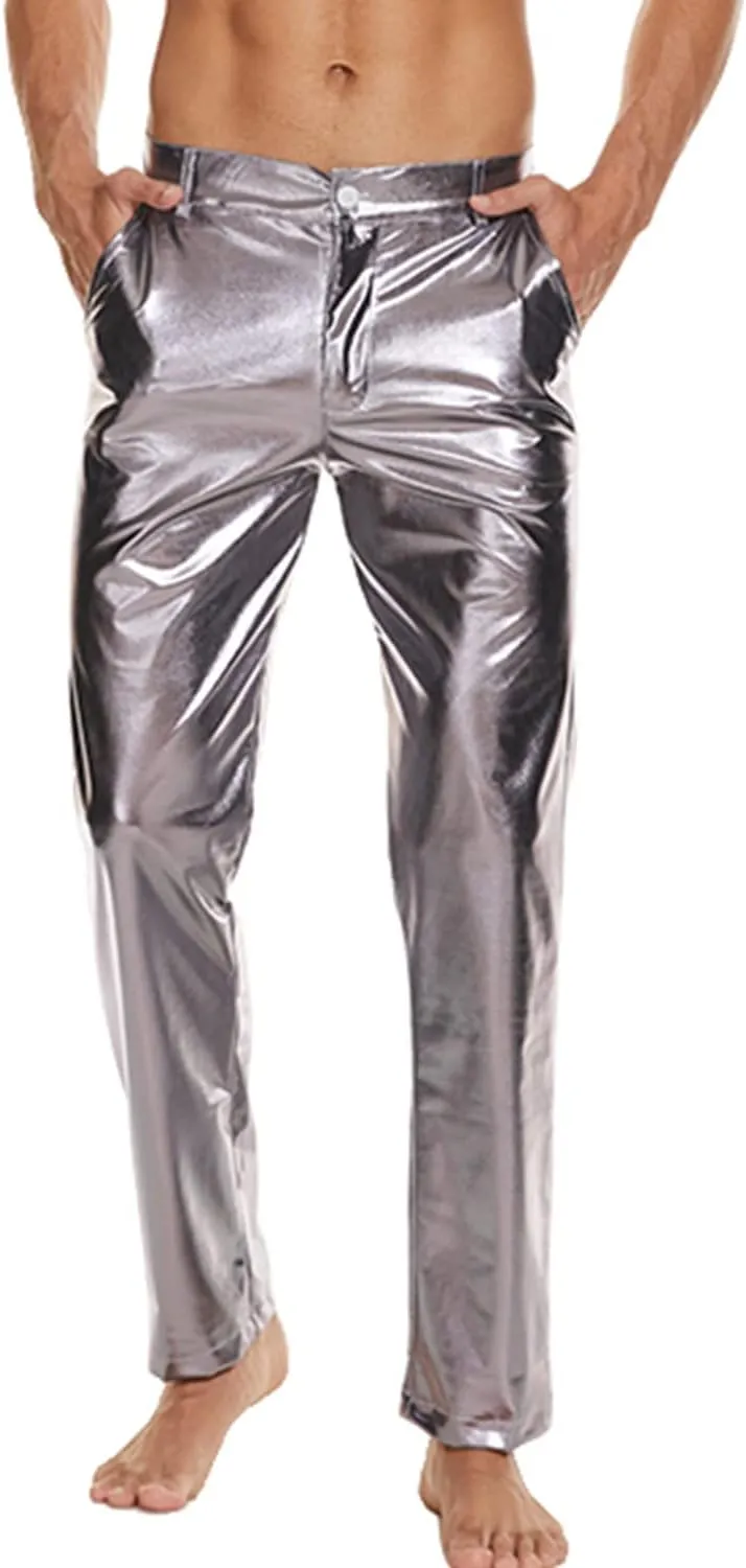 Metallic Shiny Disco Pants for Men, 70s/80s Party Rave Pants, Vintage Cosplay Straight Leg Trousers