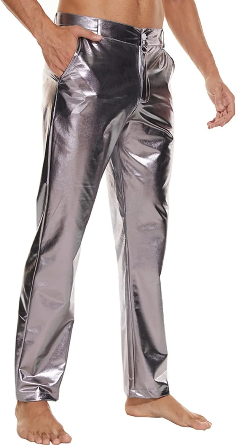 Metallic Shiny Disco Pants for Men, 70s/80s Party Rave Pants, Vintage Cosplay Straight Leg Trousers
