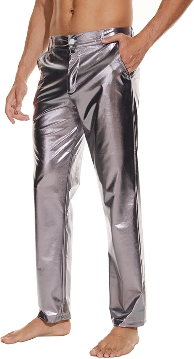 Metallic Shiny Disco Pants for Men, 70s/80s Party Rave Pants, Vintage Cosplay Straight Leg Trousers