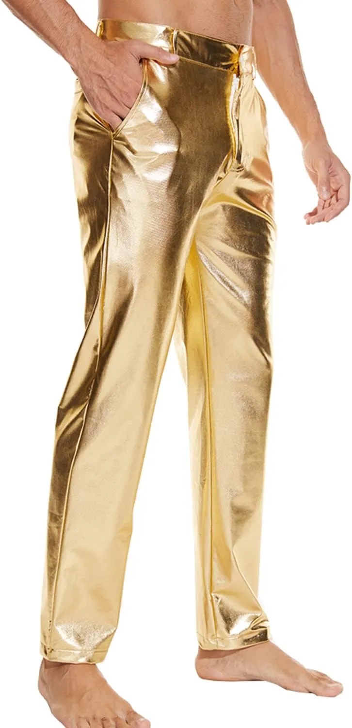 Metallic Shiny Disco Pants for Men, 70s/80s Party Rave Pants, Vintage Cosplay Straight Leg Trousers