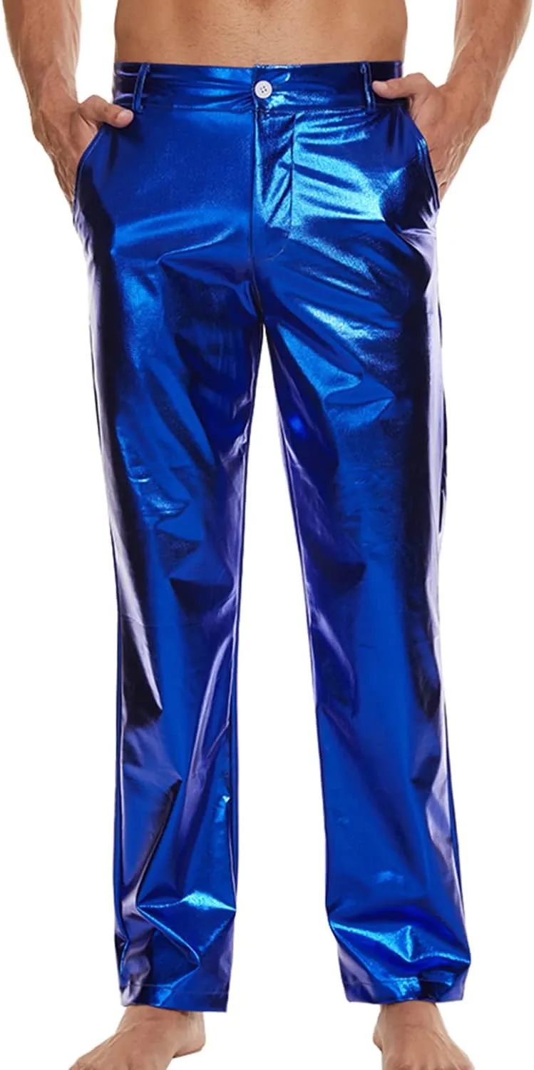 Metallic Shiny Disco Pants for Men, 70s/80s Party Rave Pants, Vintage Cosplay Straight Leg Trousers