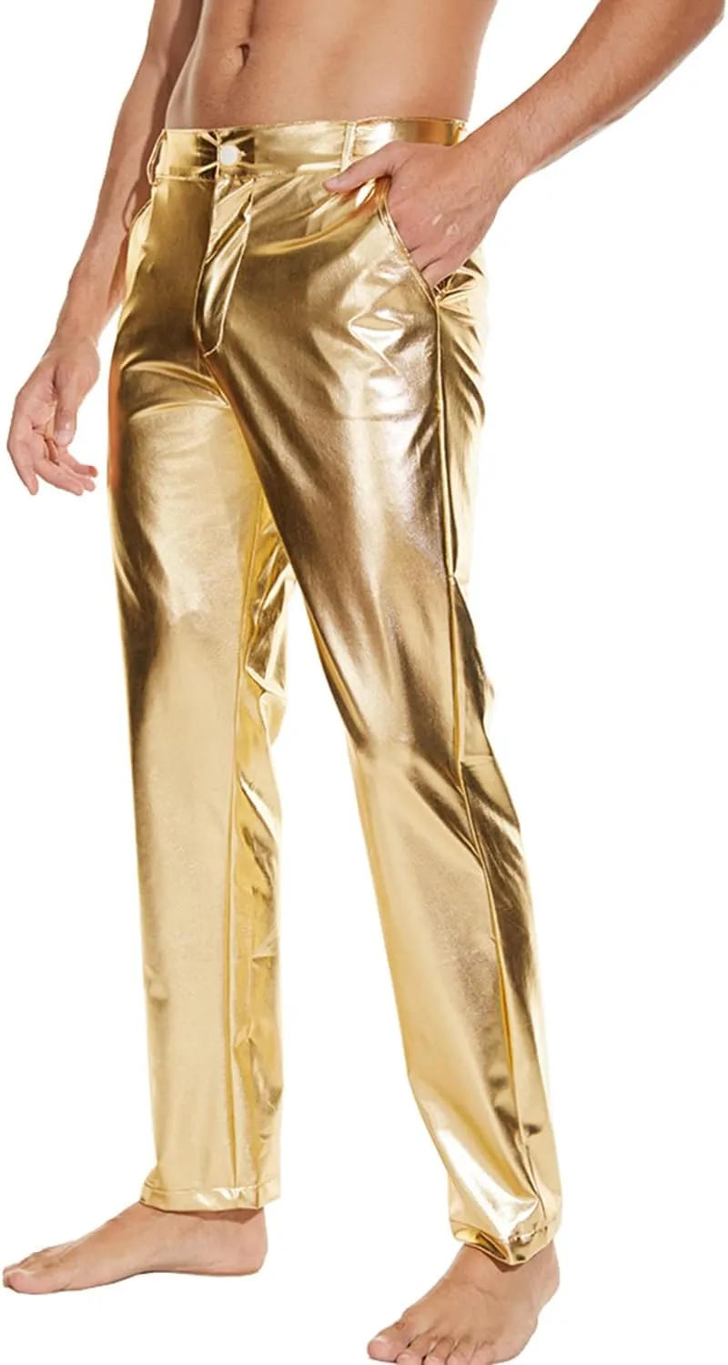 Metallic Shiny Disco Pants for Men, 70s/80s Party Rave Pants, Vintage Cosplay Straight Leg Trousers