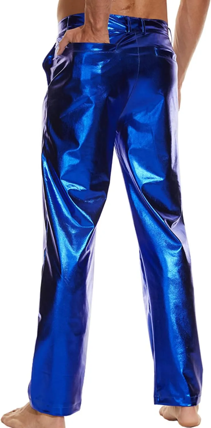 Metallic Shiny Disco Pants for Men, 70s/80s Party Rave Pants, Vintage Cosplay Straight Leg Trousers