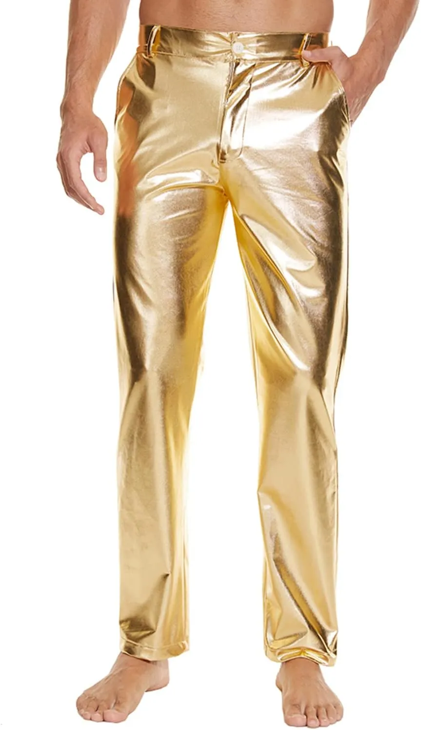 Metallic Shiny Disco Pants for Men, 70s/80s Party Rave Pants, Vintage Cosplay Straight Leg Trousers