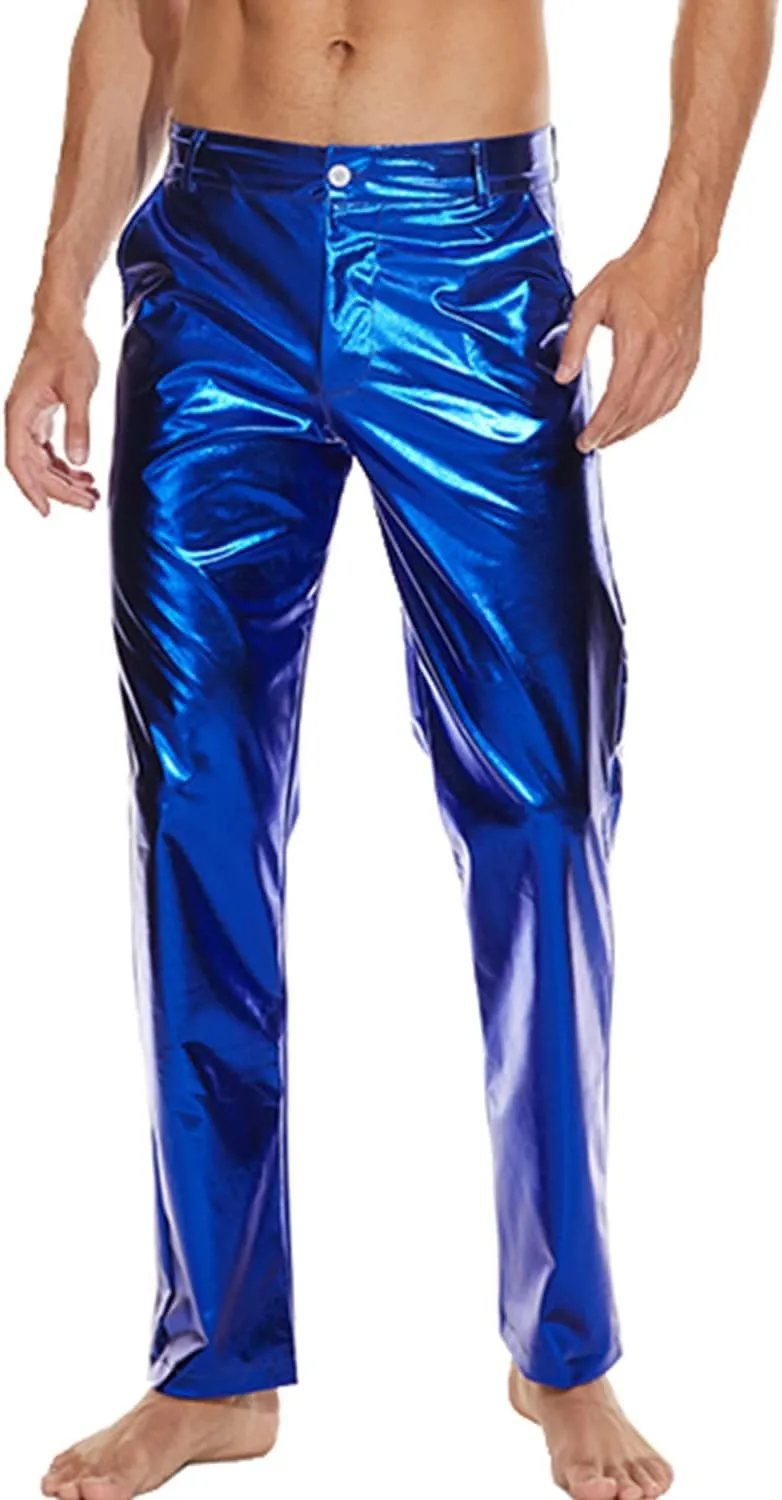 Metallic Shiny Disco Pants for Men, 70s/80s Party Rave Pants, Vintage Cosplay Straight Leg Trousers