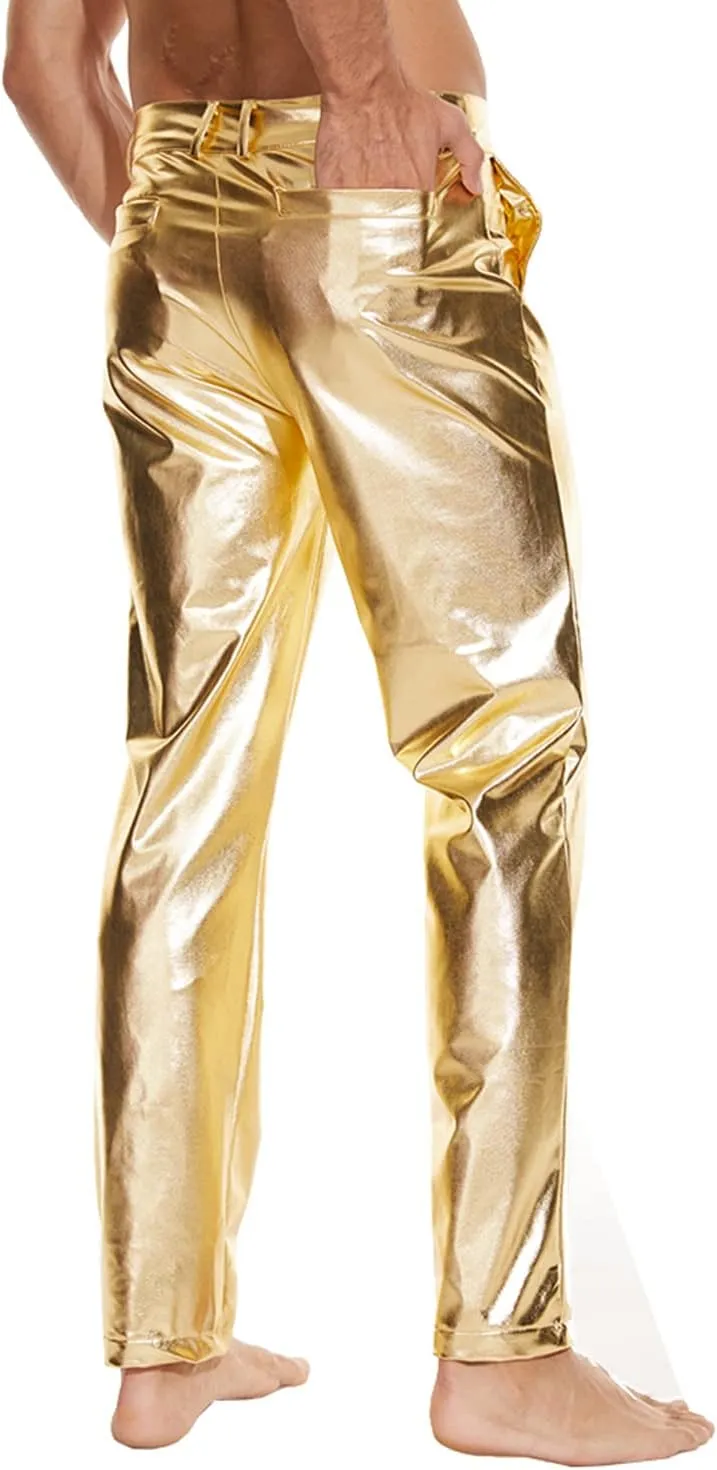 Metallic Shiny Disco Pants for Men, 70s/80s Party Rave Pants, Vintage Cosplay Straight Leg Trousers