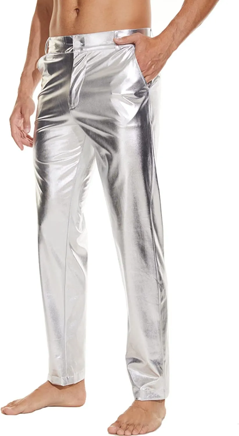 Metallic Shiny Disco Pants for Men, 70s/80s Party Rave Pants, Vintage Cosplay Straight Leg Trousers