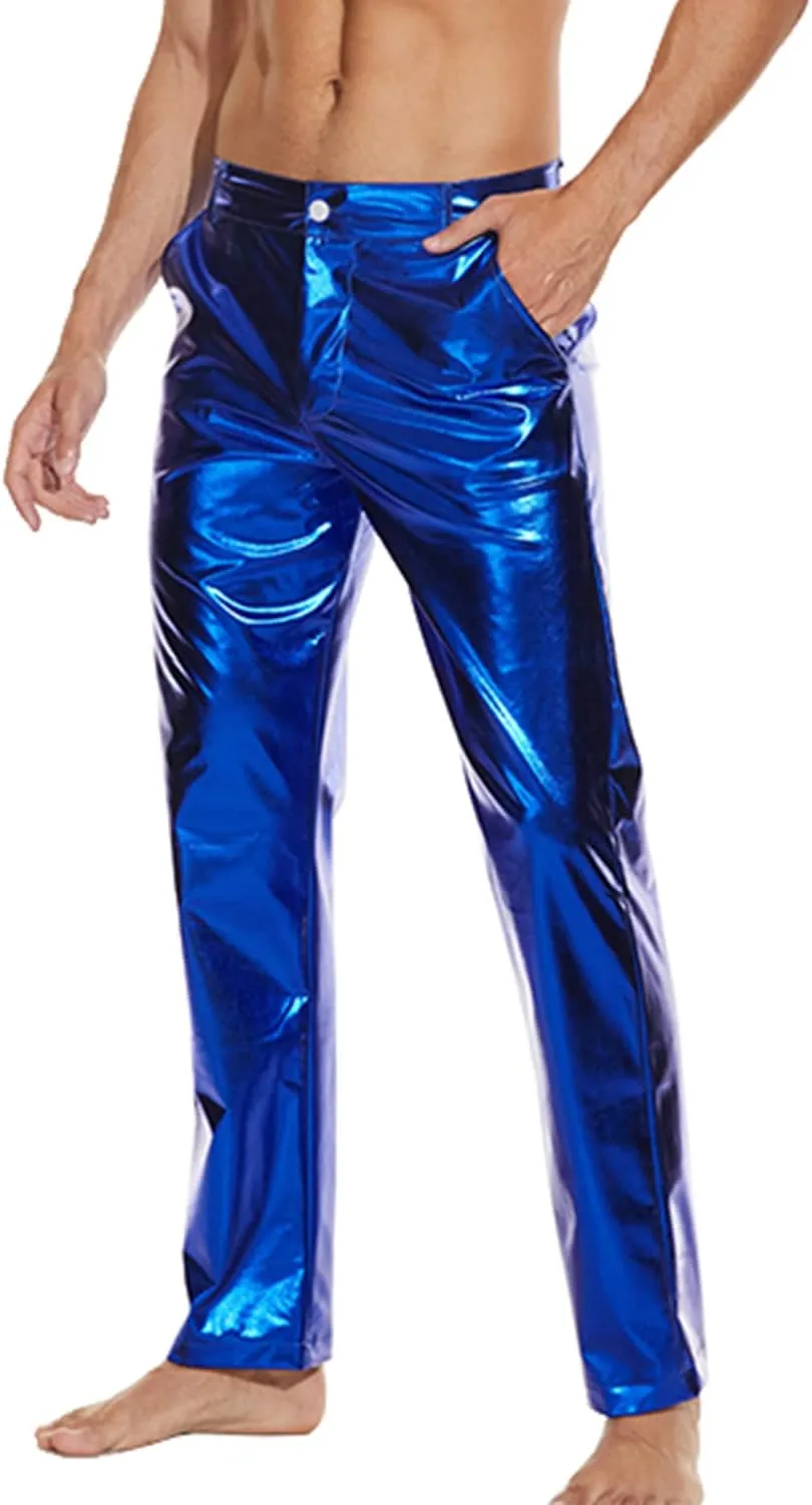 Metallic Shiny Disco Pants for Men, 70s/80s Party Rave Pants, Vintage Cosplay Straight Leg Trousers