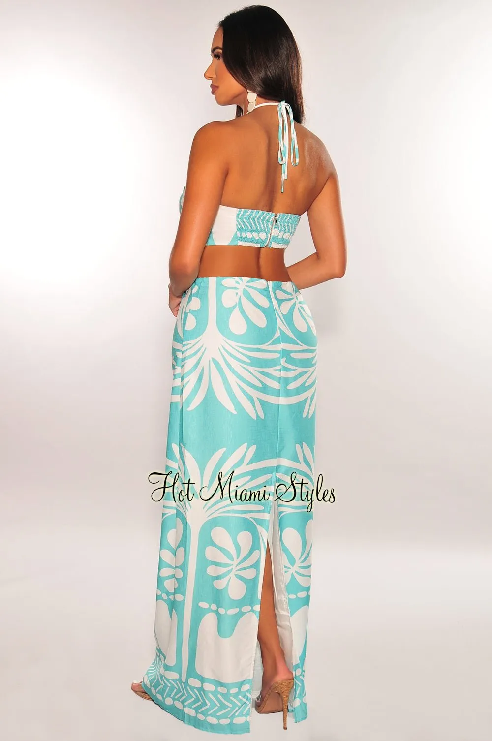 Mint White Palm Print Strapless Padded Halter Skirt Two Piece Set