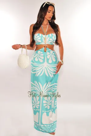 Mint White Palm Print Strapless Padded Halter Skirt Two Piece Set