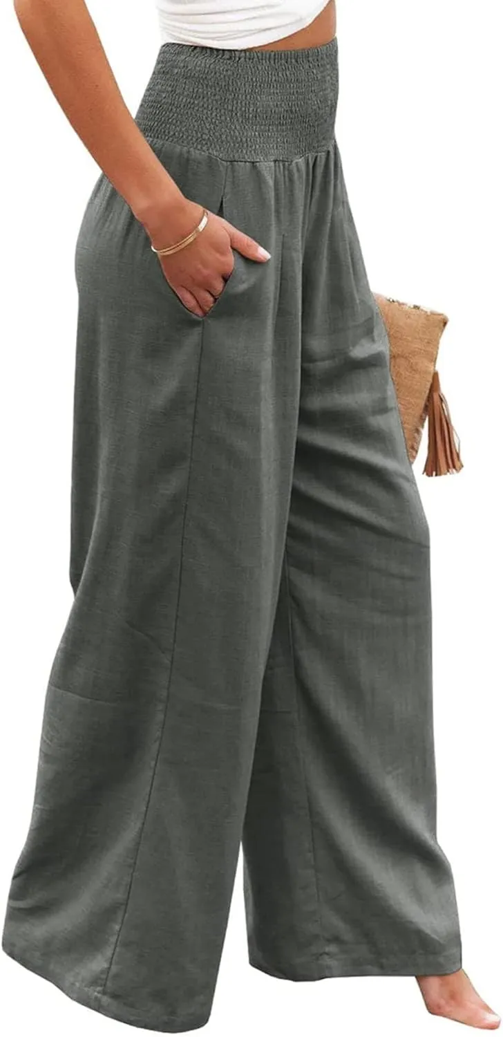 Mmoneyake Women Wide Leg Pants Casual Summer High Waisted Cotton Linen Palazzo Pants Long Lounge Pant Pajama Trousers Women