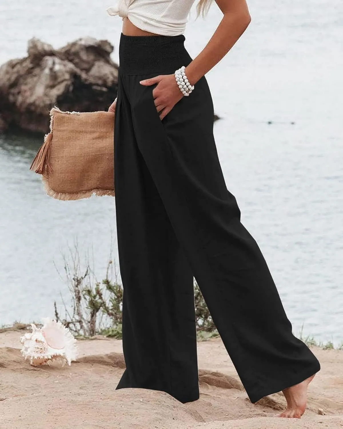 Mmoneyake Women Wide Leg Pants Casual Summer High Waisted Cotton Linen Palazzo Pants Long Lounge Pant Pajama Trousers Women