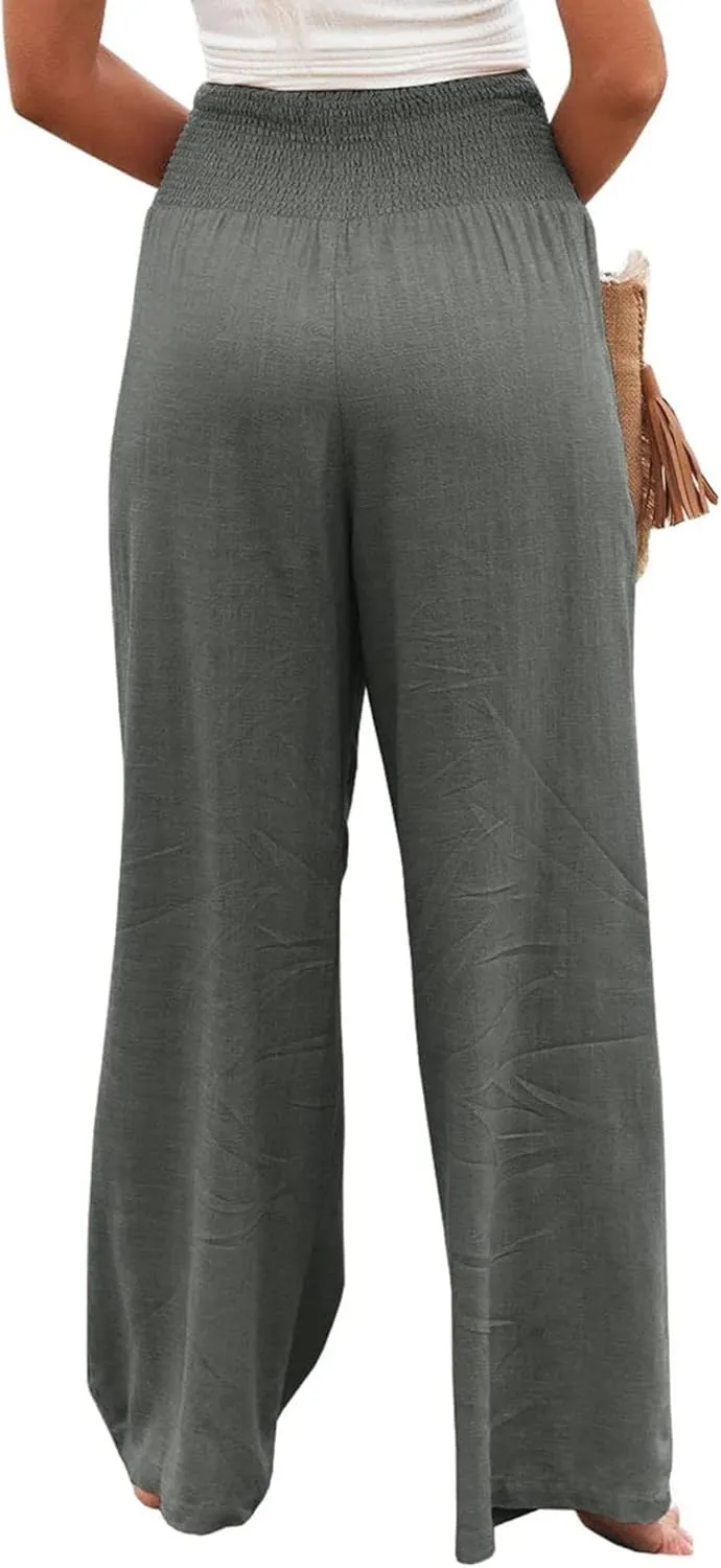 Mmoneyake Women Wide Leg Pants Casual Summer High Waisted Cotton Linen Palazzo Pants Long Lounge Pant Pajama Trousers Women