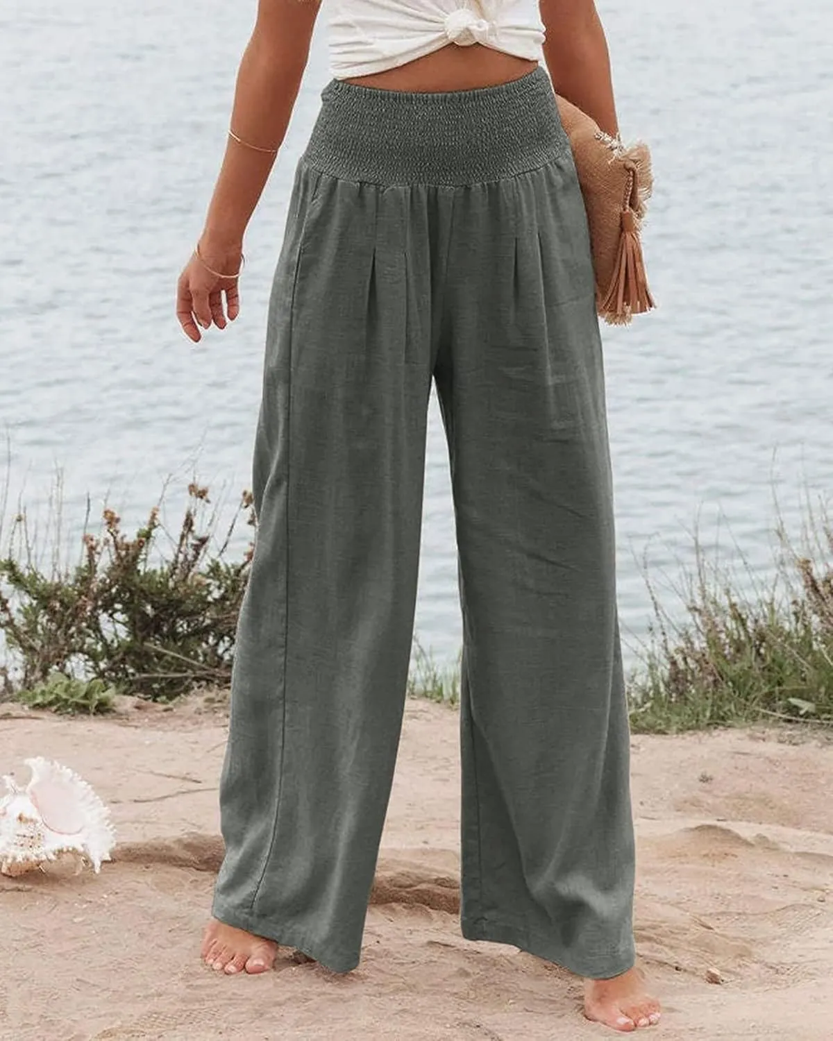 Mmoneyake Women Wide Leg Pants Casual Summer High Waisted Cotton Linen Palazzo Pants Long Lounge Pant Pajama Trousers Women