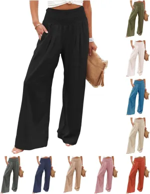 Mmoneyake Women Wide Leg Pants Casual Summer High Waisted Cotton Linen Palazzo Pants Long Lounge Pant Pajama Trousers Women