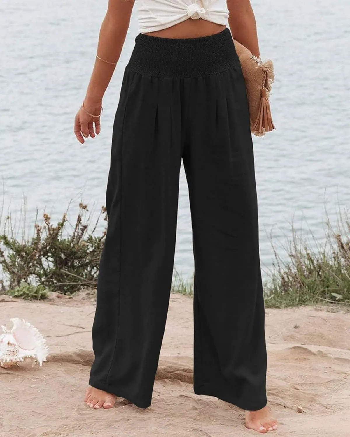 Mmoneyake Women Wide Leg Pants Casual Summer High Waisted Cotton Linen Palazzo Pants Long Lounge Pant Pajama Trousers Women