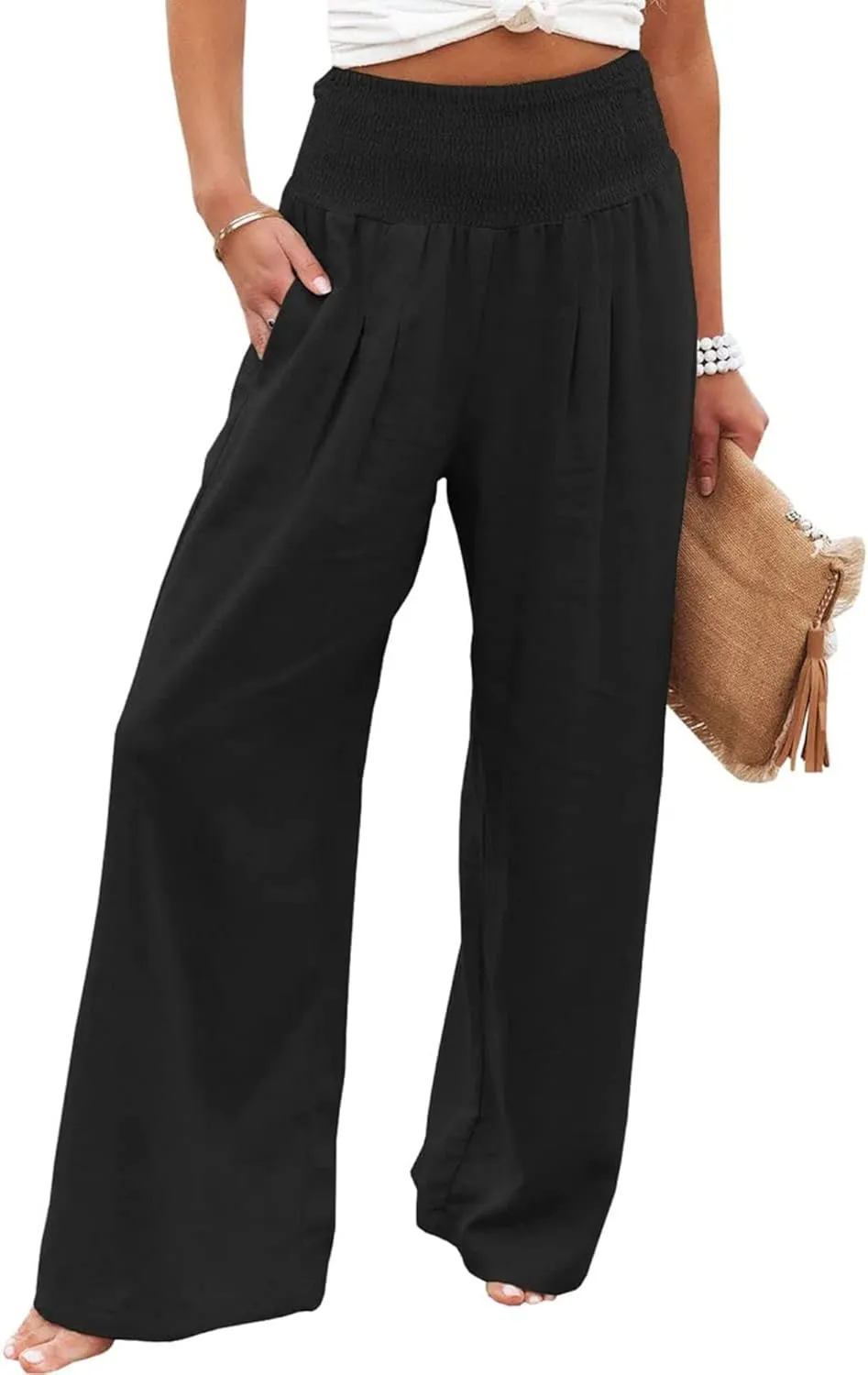 Mmoneyake Women Wide Leg Pants Casual Summer High Waisted Cotton Linen Palazzo Pants Long Lounge Pant Pajama Trousers Women