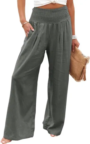 Mmoneyake Women Wide Leg Pants Casual Summer High Waisted Cotton Linen Palazzo Pants Long Lounge Pant Pajama Trousers Women