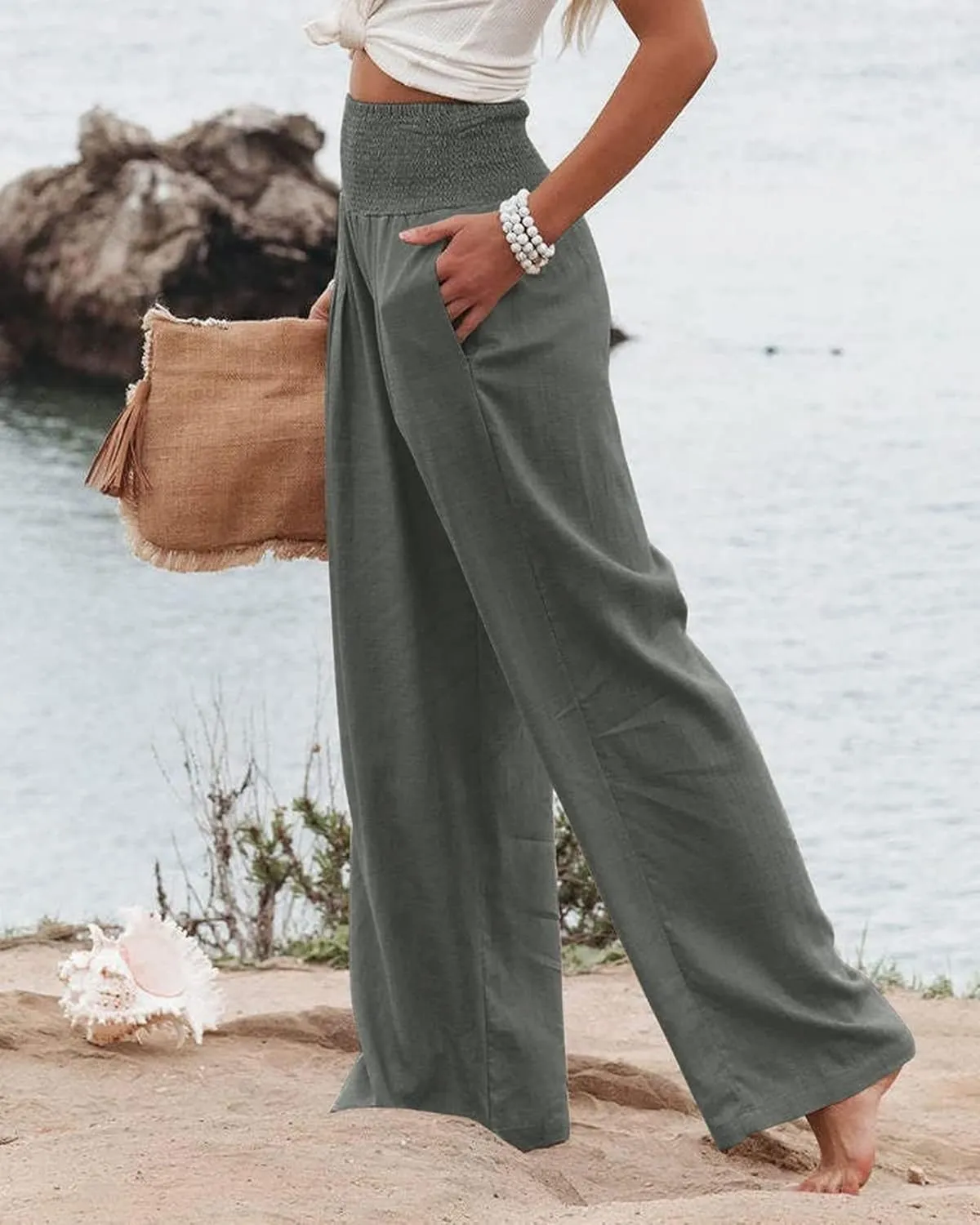 Mmoneyake Women Wide Leg Pants Casual Summer High Waisted Cotton Linen Palazzo Pants Long Lounge Pant Pajama Trousers Women