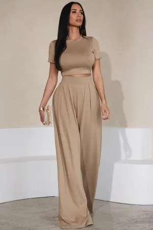 Mocha Short Sleeve Cropped High Waist Pleated Wide Leg Pants Two Piece Set