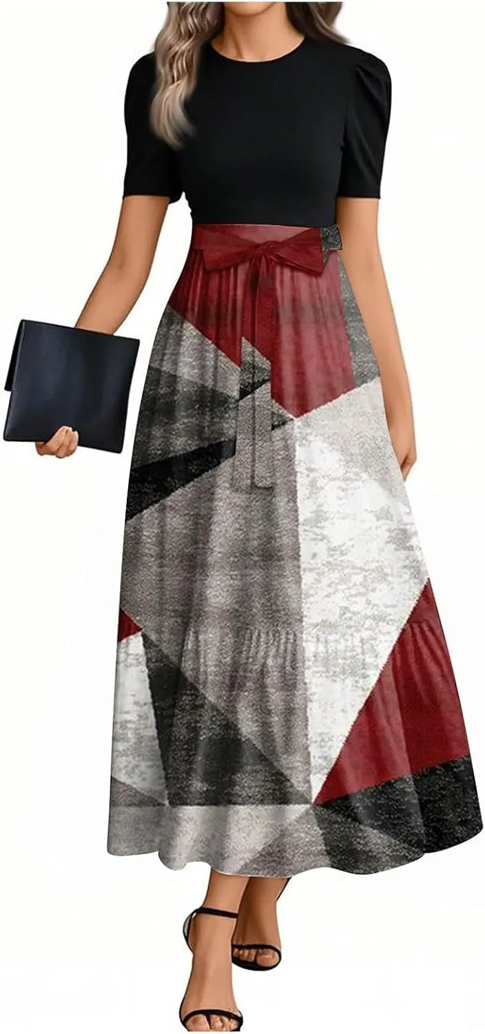 Modest Dresses for Women 2025 Puff Short Sleeve Floral Summer Church Sundress Retro Wedding Guest Dress with Belt
