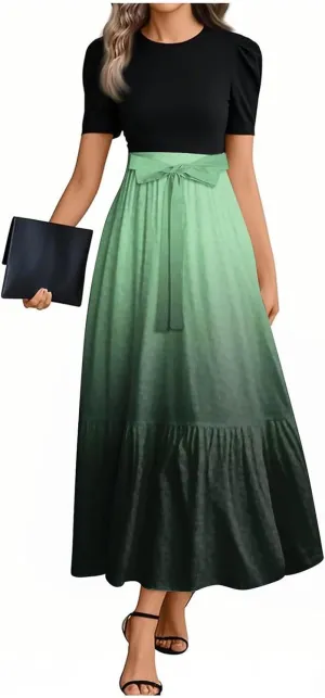 Modest Dresses for Women 2025 Puff Short Sleeve Floral Summer Church Sundress Retro Wedding Guest Dress with Belt