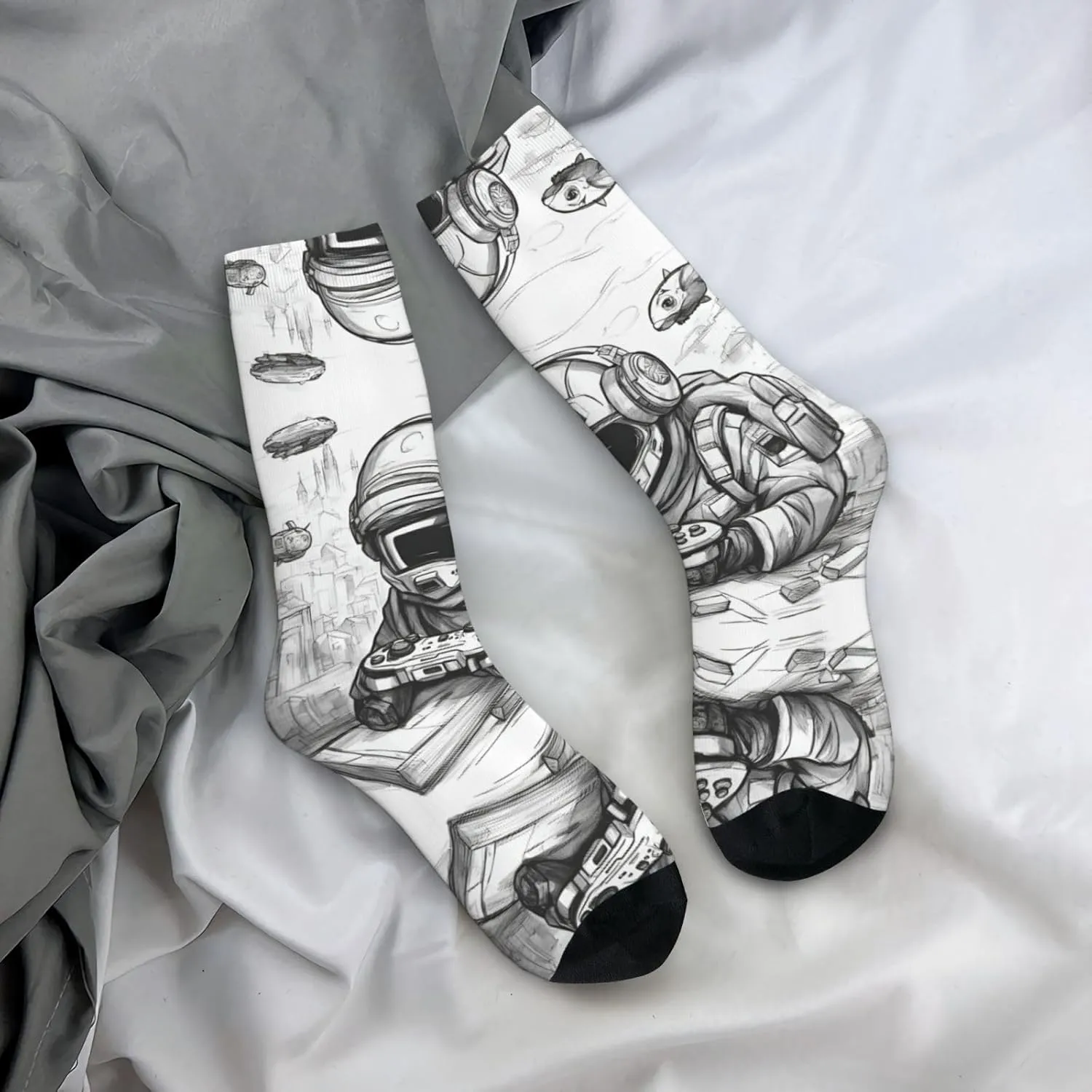 Monochrome Sketch Style Gaming Print Fun Contrast Socks,Novel Crazy Cool Socks,Pattern Funky Novelty Socks,Unisex Bulk Socks