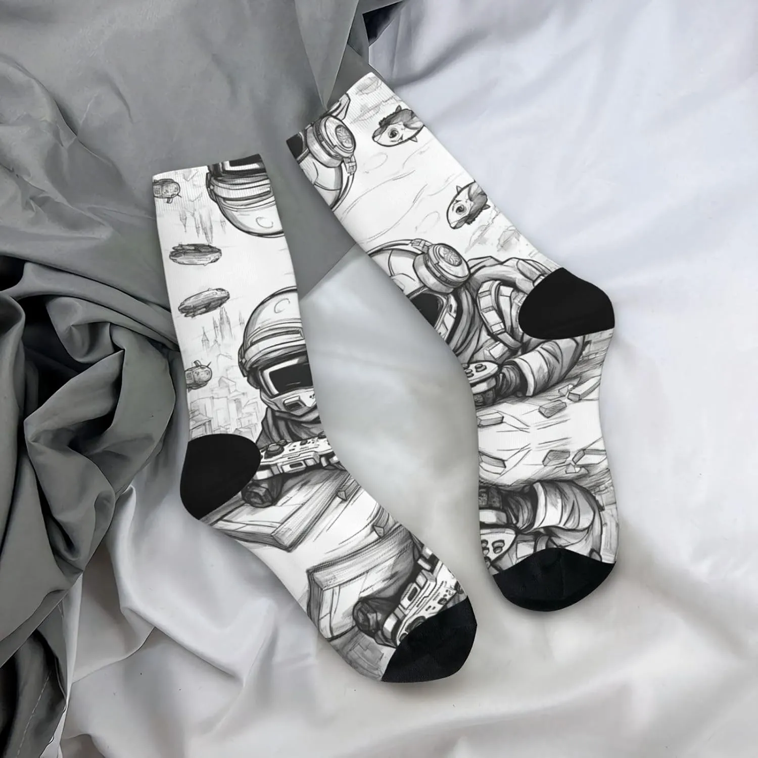 Monochrome Sketch Style Gaming Print Fun Contrast Socks,Novel Crazy Cool Socks,Pattern Funky Novelty Socks,Unisex Bulk Socks