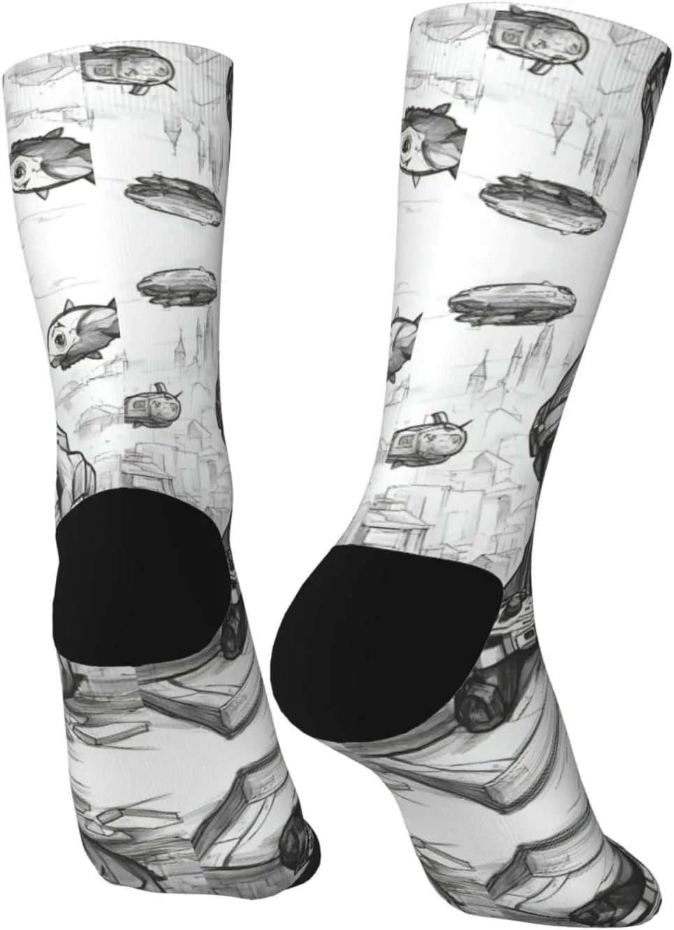 Monochrome Sketch Style Gaming Print Fun Contrast Socks,Novel Crazy Cool Socks,Pattern Funky Novelty Socks,Unisex Bulk Socks