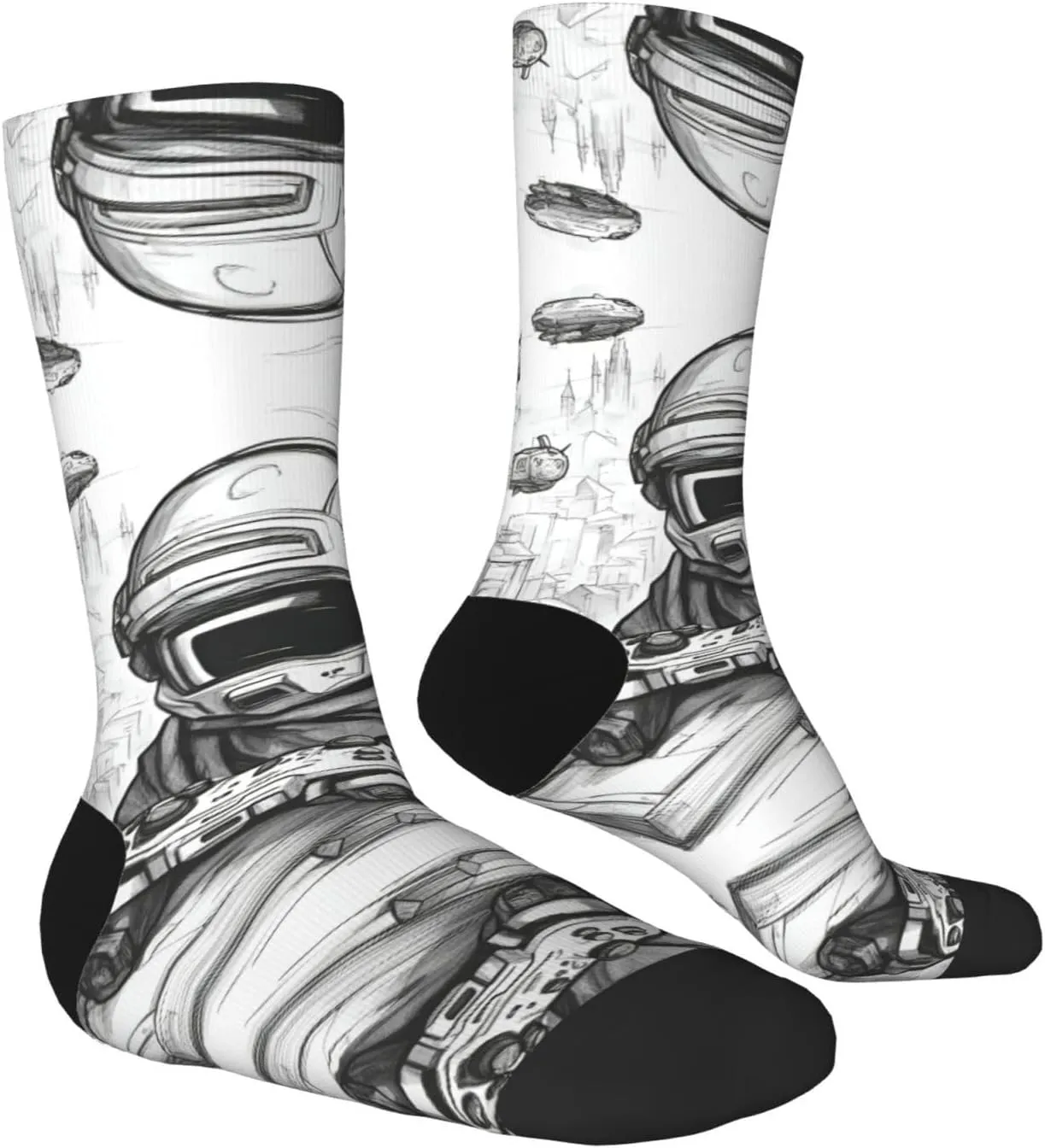Monochrome Sketch Style Gaming Print Fun Contrast Socks,Novel Crazy Cool Socks,Pattern Funky Novelty Socks,Unisex Bulk Socks