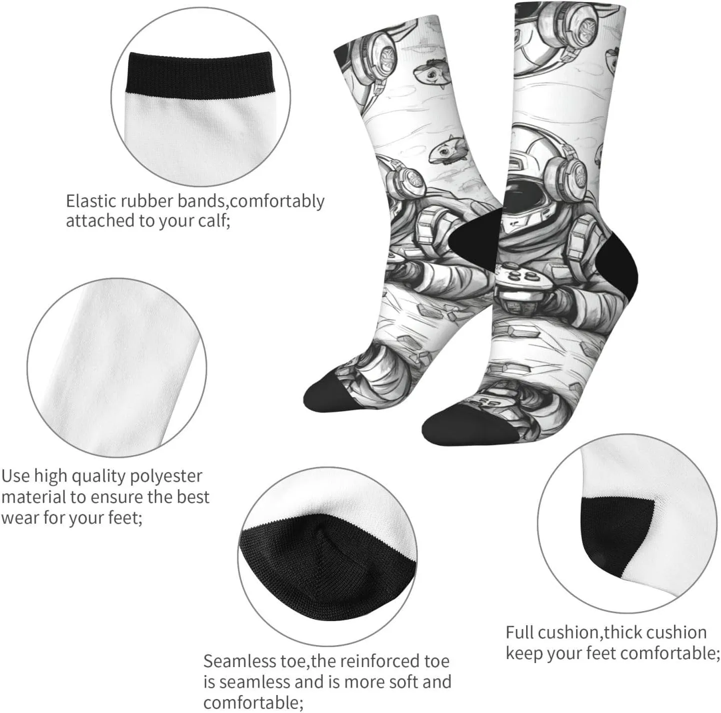 Monochrome Sketch Style Gaming Print Fun Contrast Socks,Novel Crazy Cool Socks,Pattern Funky Novelty Socks,Unisex Bulk Socks