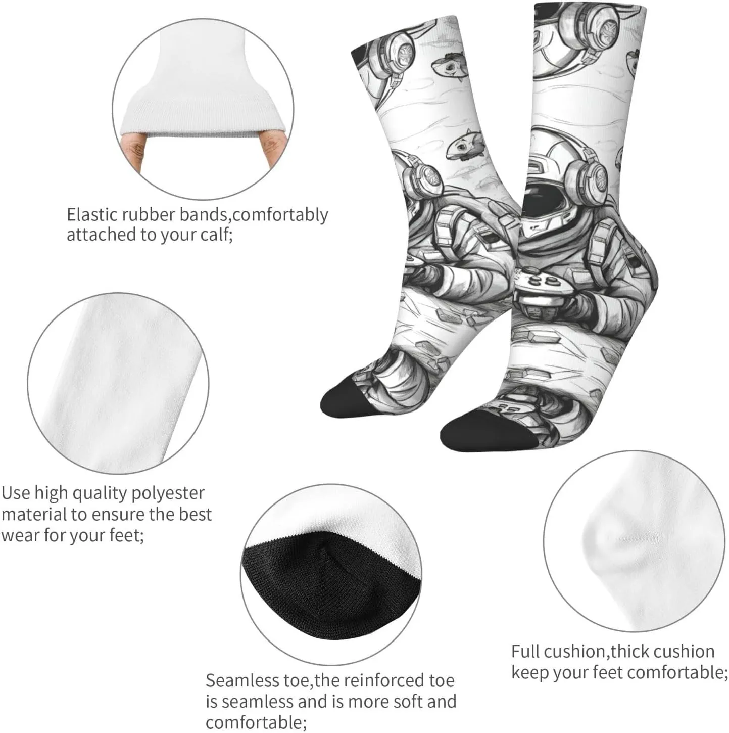 Monochrome Sketch Style Gaming Print Fun Contrast Socks,Novel Crazy Cool Socks,Pattern Funky Novelty Socks,Unisex Bulk Socks