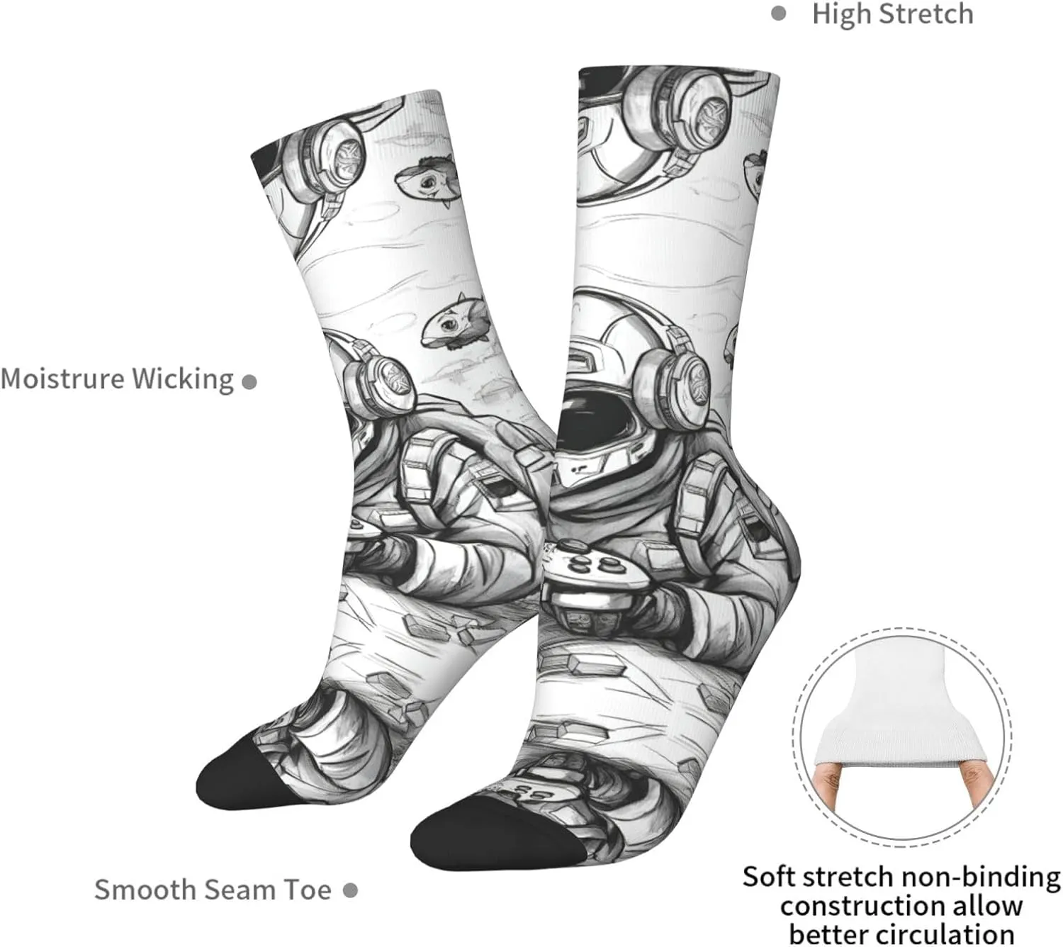 Monochrome Sketch Style Gaming Print Fun Contrast Socks,Novel Crazy Cool Socks,Pattern Funky Novelty Socks,Unisex Bulk Socks