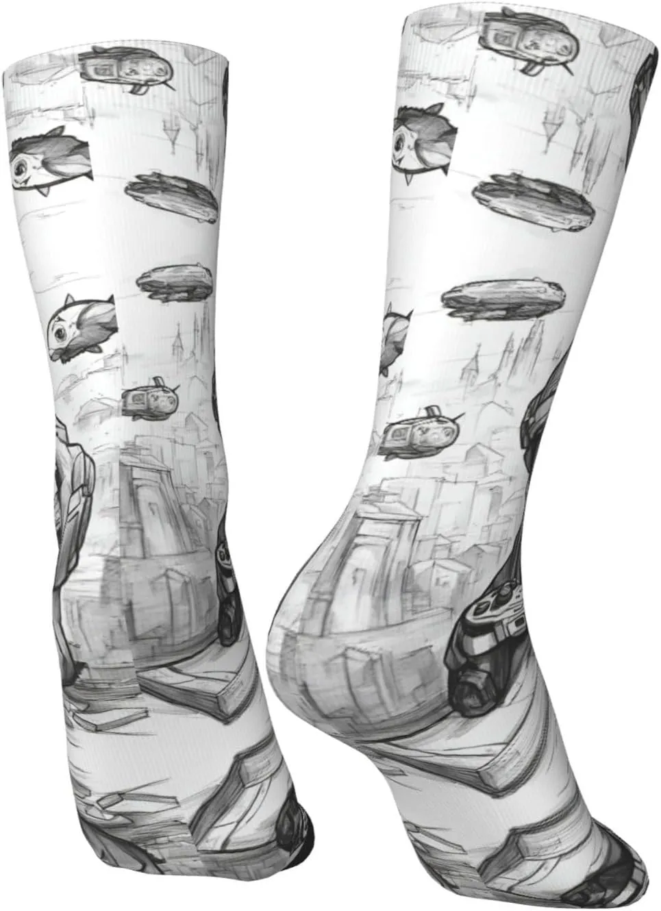 Monochrome Sketch Style Gaming Print Fun Contrast Socks,Novel Crazy Cool Socks,Pattern Funky Novelty Socks,Unisex Bulk Socks