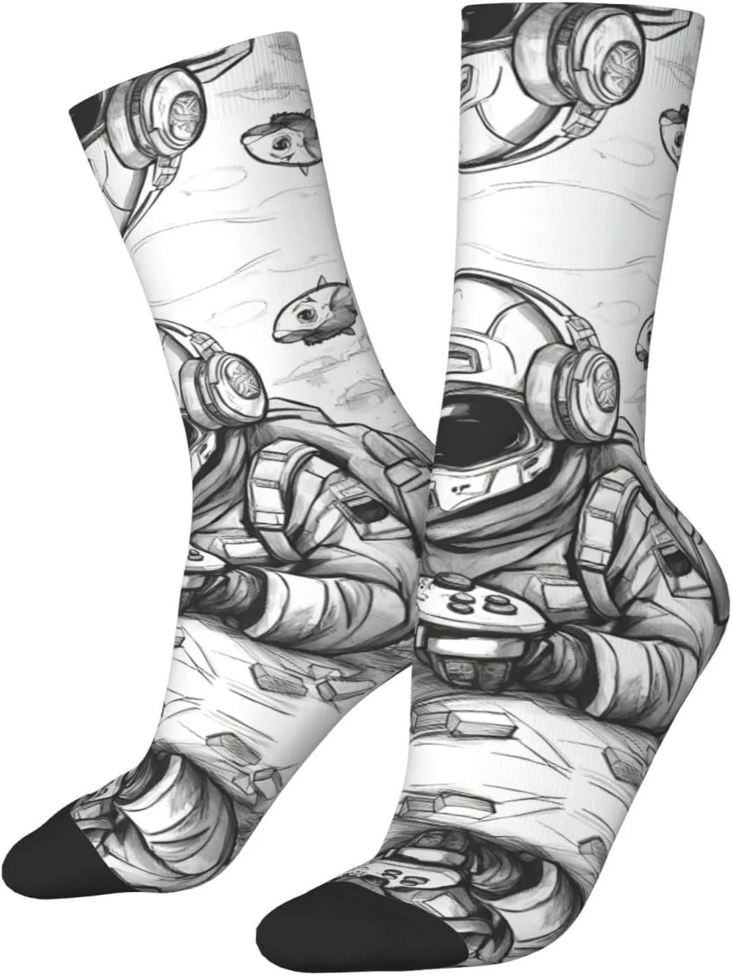 Monochrome Sketch Style Gaming Print Fun Contrast Socks,Novel Crazy Cool Socks,Pattern Funky Novelty Socks,Unisex Bulk Socks