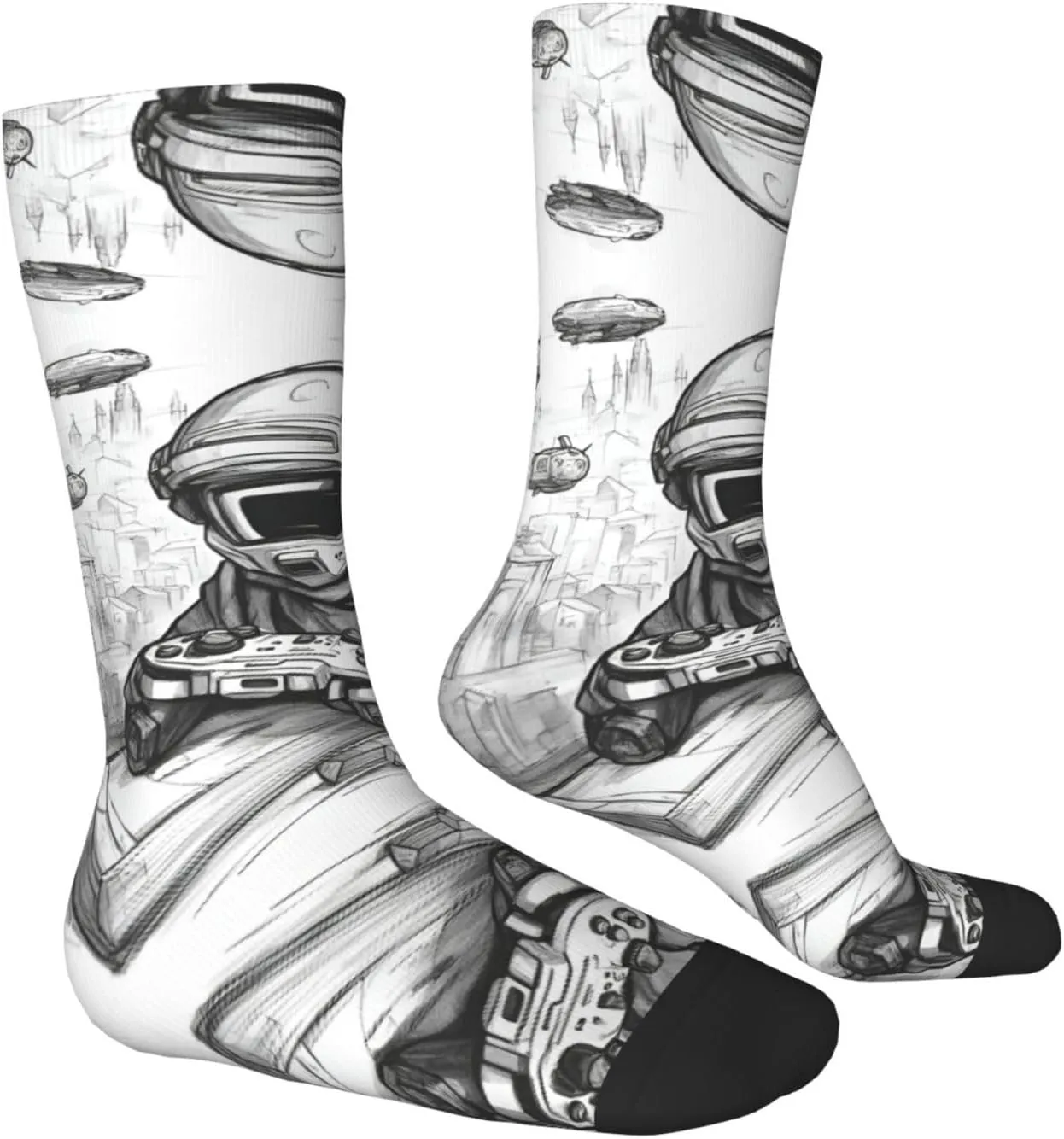 Monochrome Sketch Style Gaming Print Fun Contrast Socks,Novel Crazy Cool Socks,Pattern Funky Novelty Socks,Unisex Bulk Socks