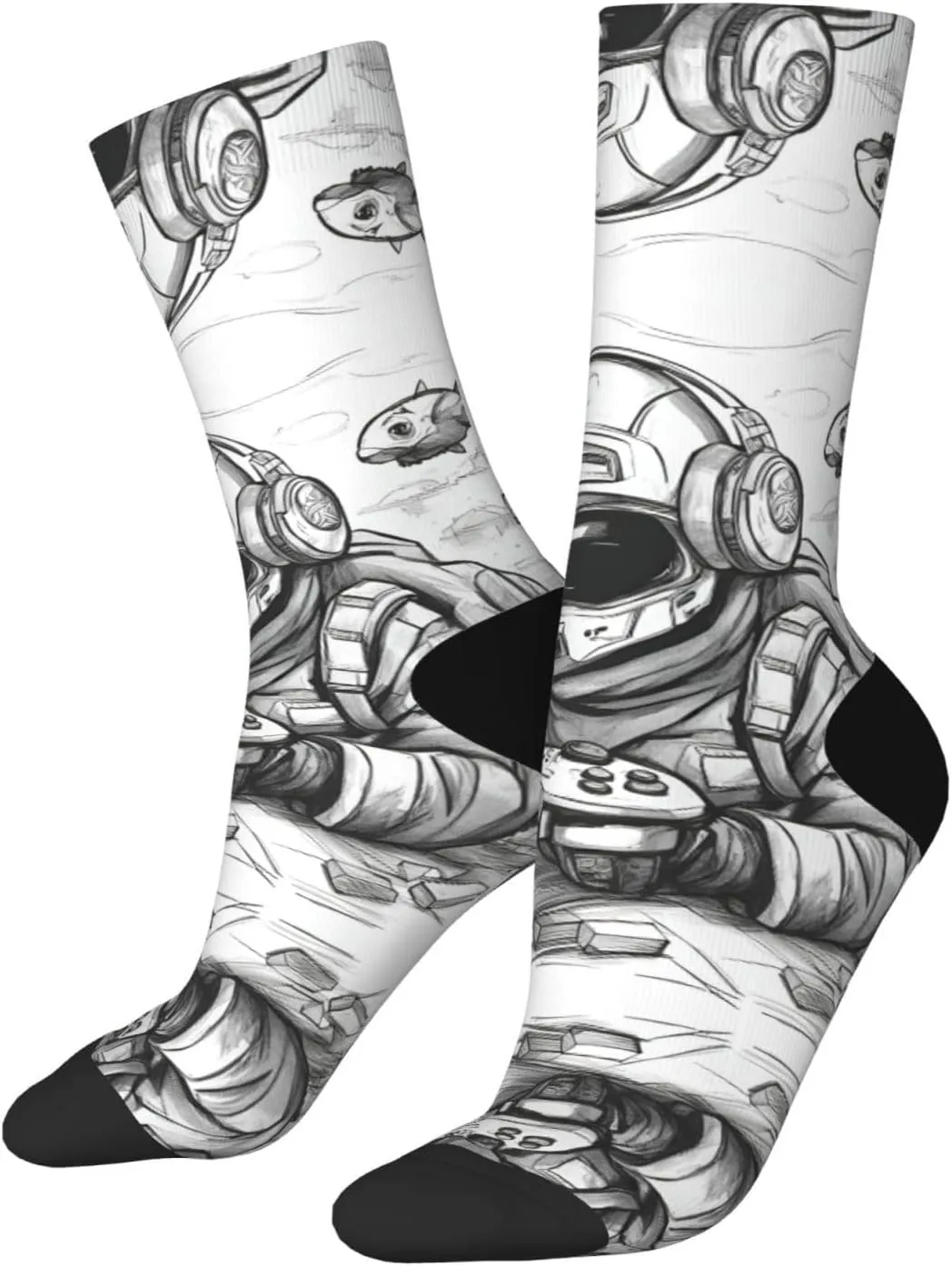Monochrome Sketch Style Gaming Print Fun Contrast Socks,Novel Crazy Cool Socks,Pattern Funky Novelty Socks,Unisex Bulk Socks