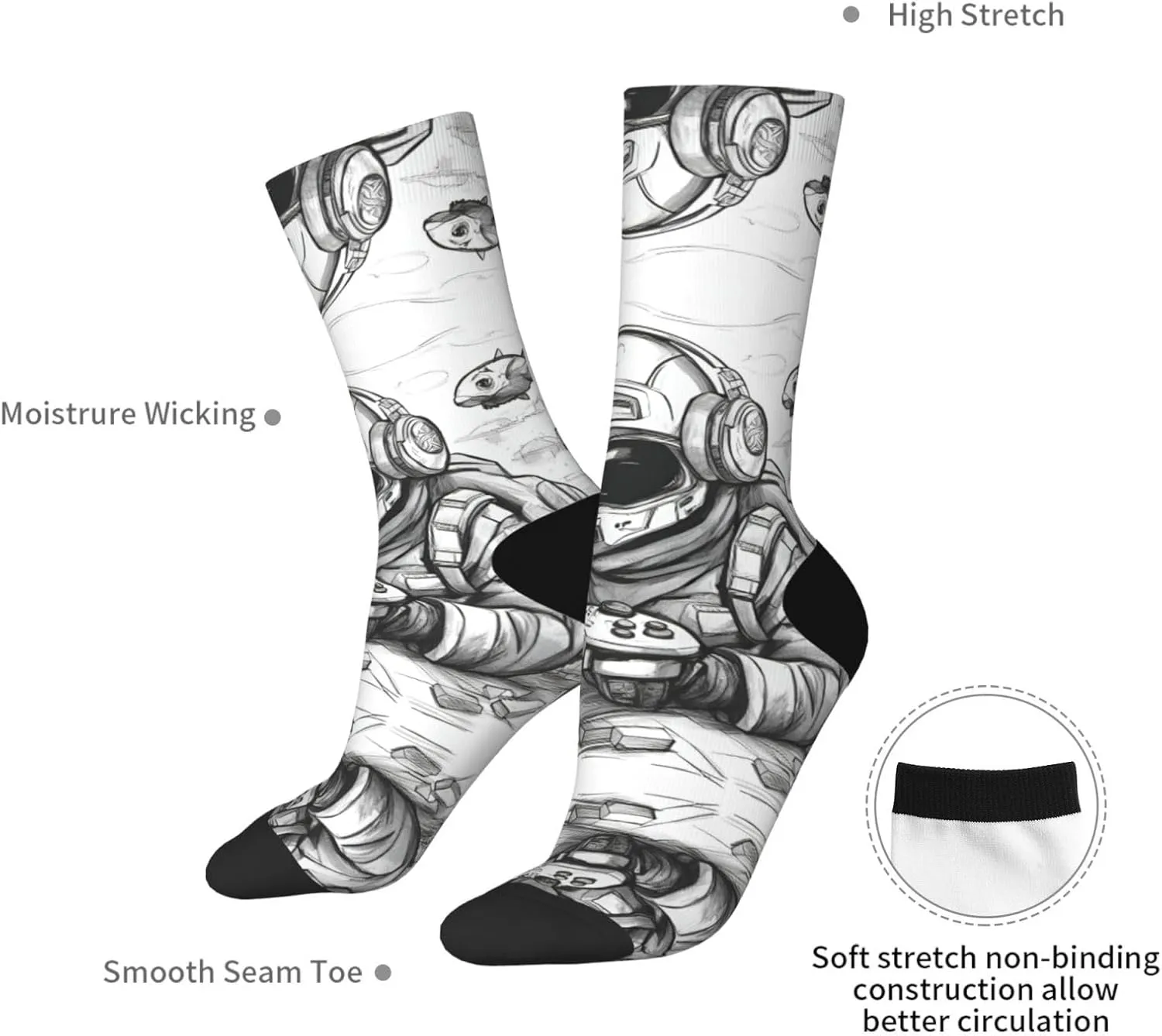 Monochrome Sketch Style Gaming Print Fun Contrast Socks,Novel Crazy Cool Socks,Pattern Funky Novelty Socks,Unisex Bulk Socks