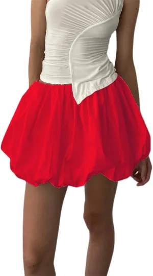 Multitrust Women Y2K Puffy Mini Bubble Skirts Ruffle Hem High Waisted Short Skirts Flared Balloon A Line Skirt Streetwear